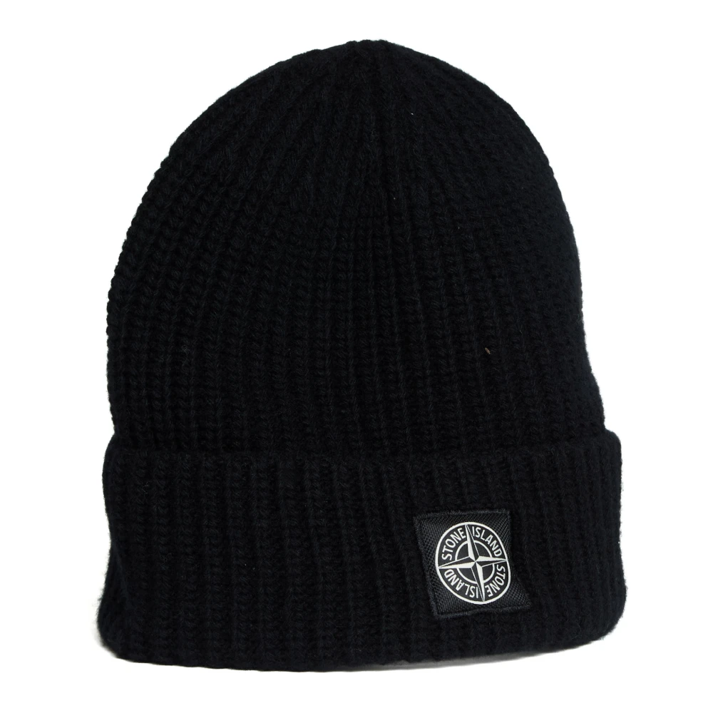 Stone Island Black Knit Logo Patch Wool Hat - Male - Accessories - Black - One Size - Accessories - Image 2