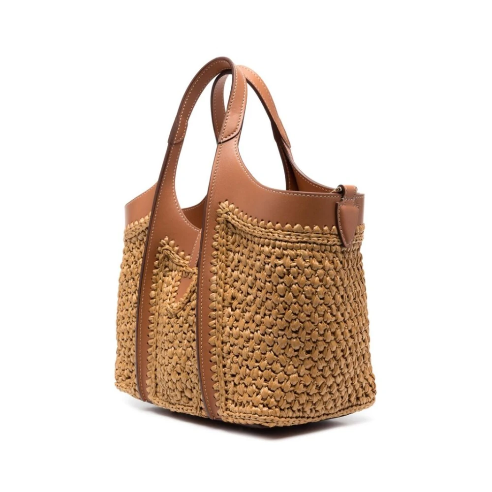 TOD'S Bruin Raffia Leren Plat Boven Tas Brown Dames