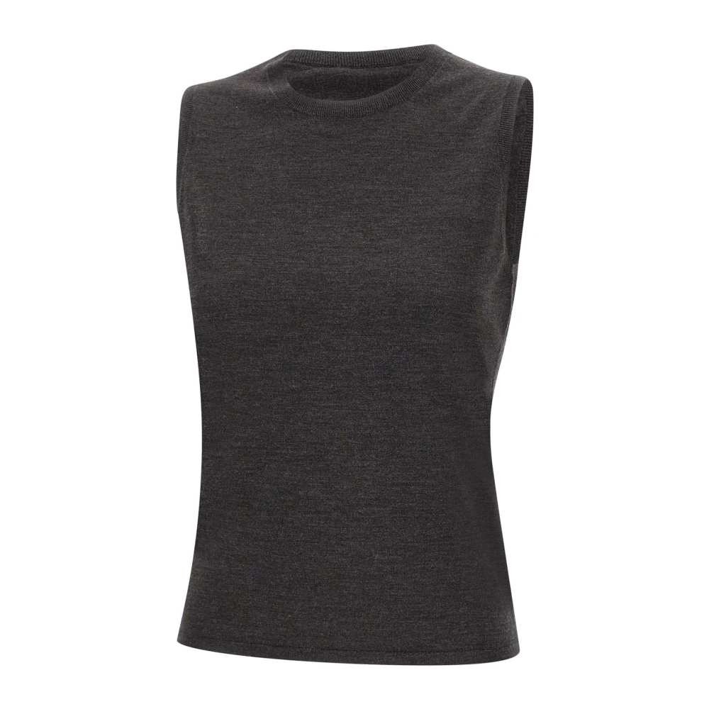 Theory Wollen Mouwloze Top Zwart Geribbelde Randen Gray Dames