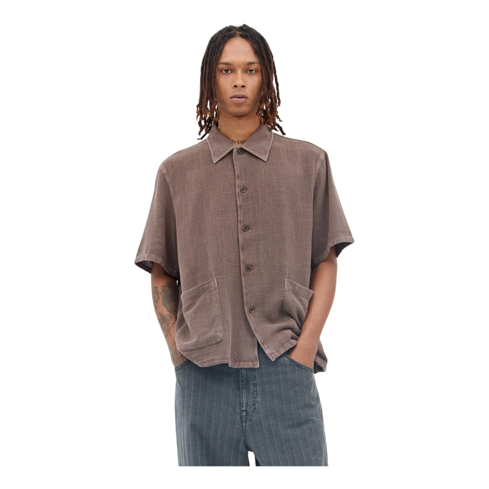 Our Legacy Katoen-Linnen Rits Shirt Brown Heren