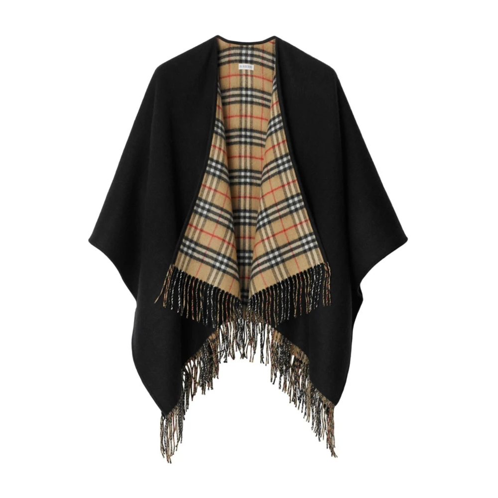 Burberry Women's Black Ponchos, One Size, Reversible Check Pattern Wool Cardigan