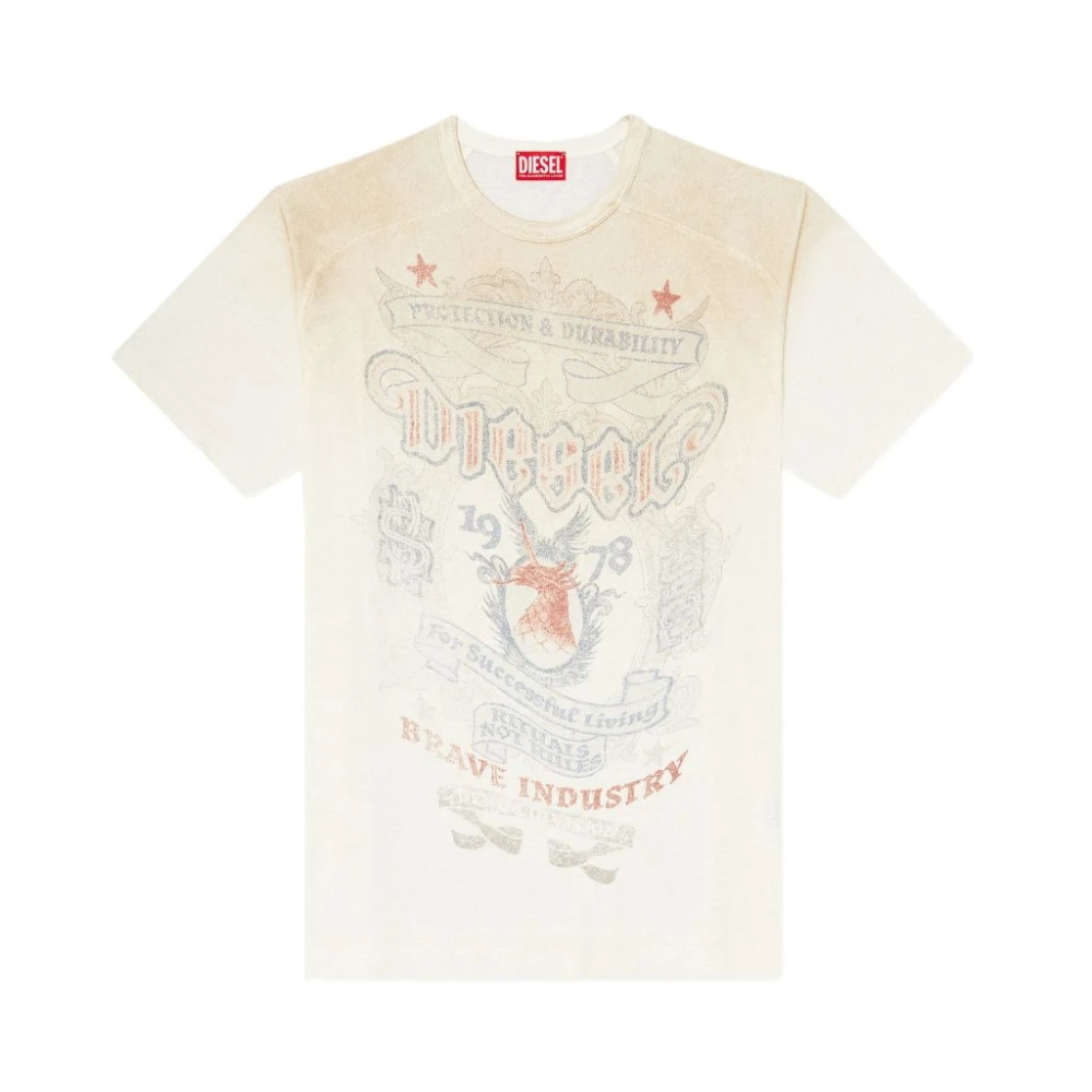 Diesel Mannelijk Beige Tops Heren, Xl, T-Shirt Met Ronde Hals En Logo-Opdruk