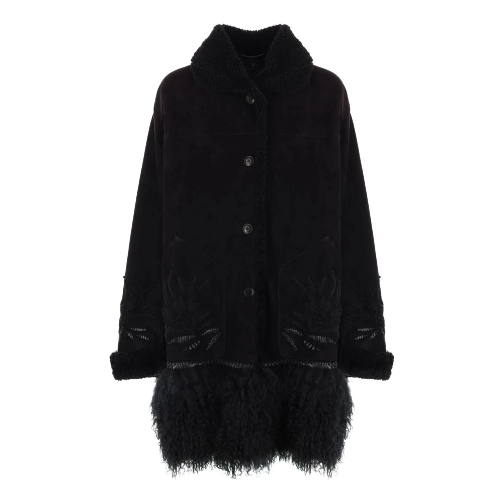 Ermanno Scervino Zwarte Shearling Jas met Bloemenborduursel Black Dames