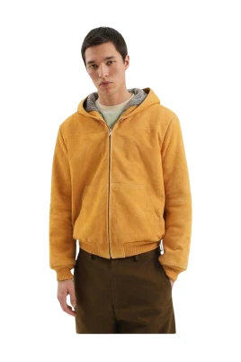 Suede Zip-Up Hooded Bomber Jacket