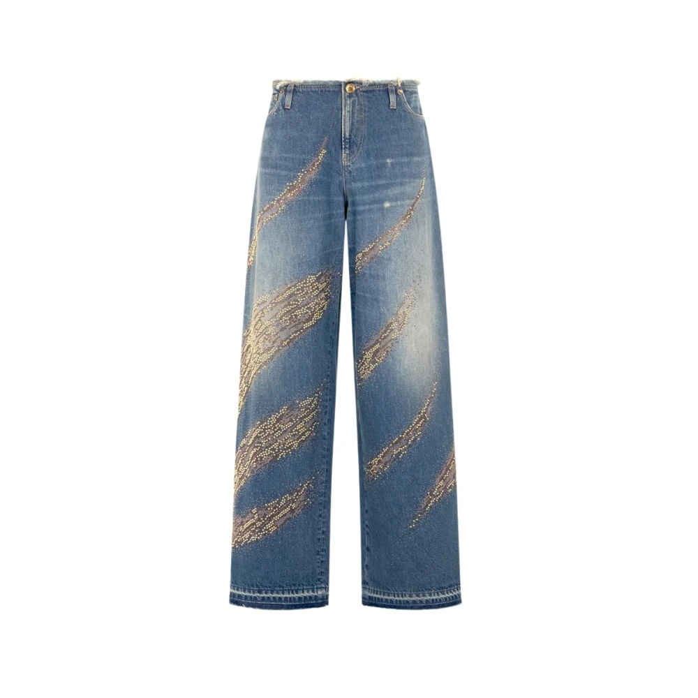Roberto Cavalli Jeans With Rhinestoned Zebra Pattern - Female - Straight Fit Jeans - Blue - Xs - Jeans