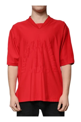 Röd V-ringad Bomull T-shirt