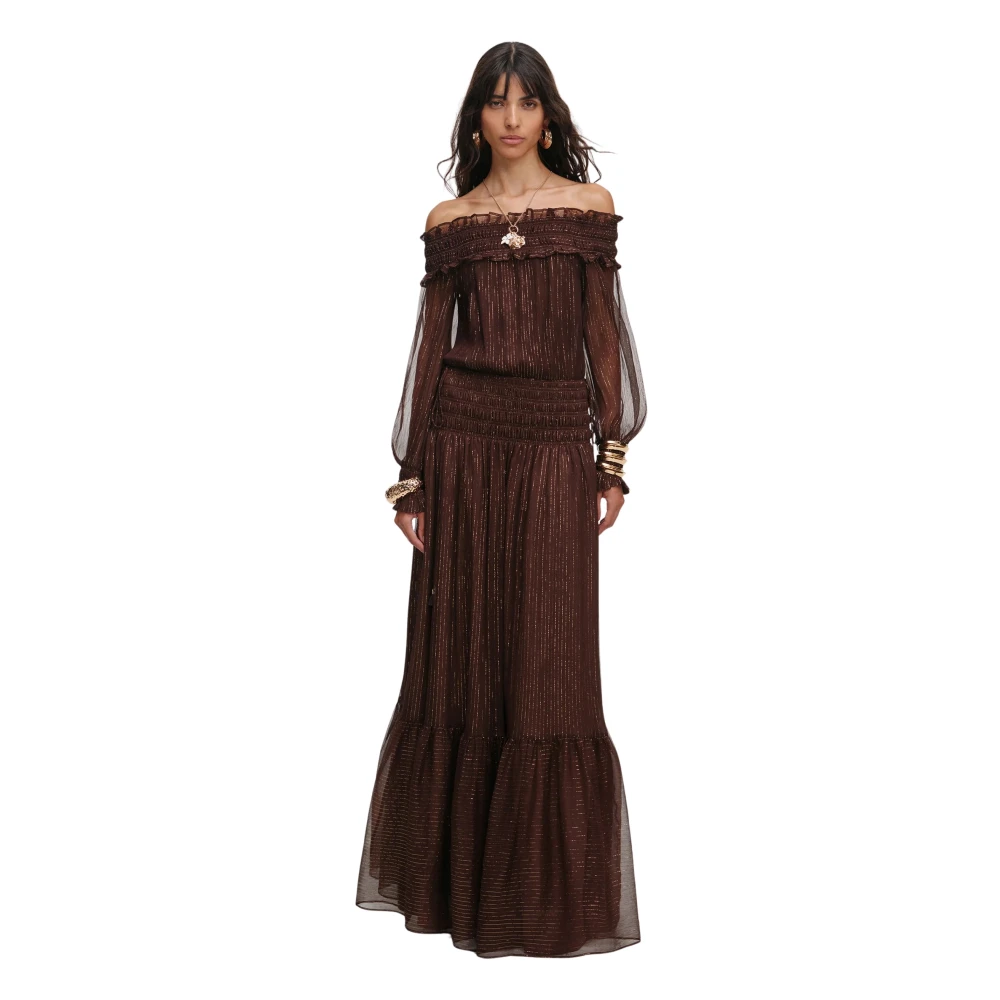 Self Portrait Women's Brown Georgette Off-Shoulder Maxi Dress - Gowns - 2XS - Dresses