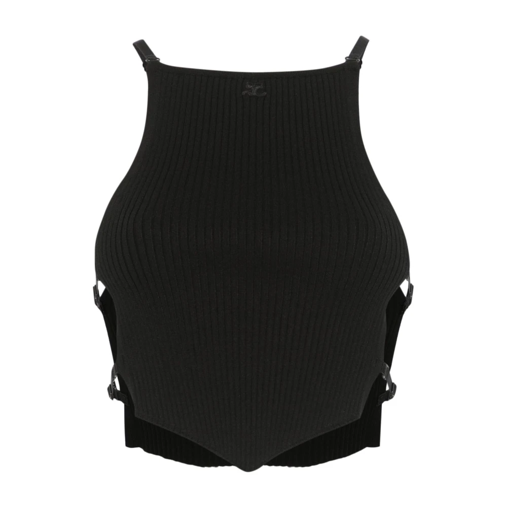 Courrèges Zwarte Top met Vierkante Hals en Verstelbare Bandjes Black Dames