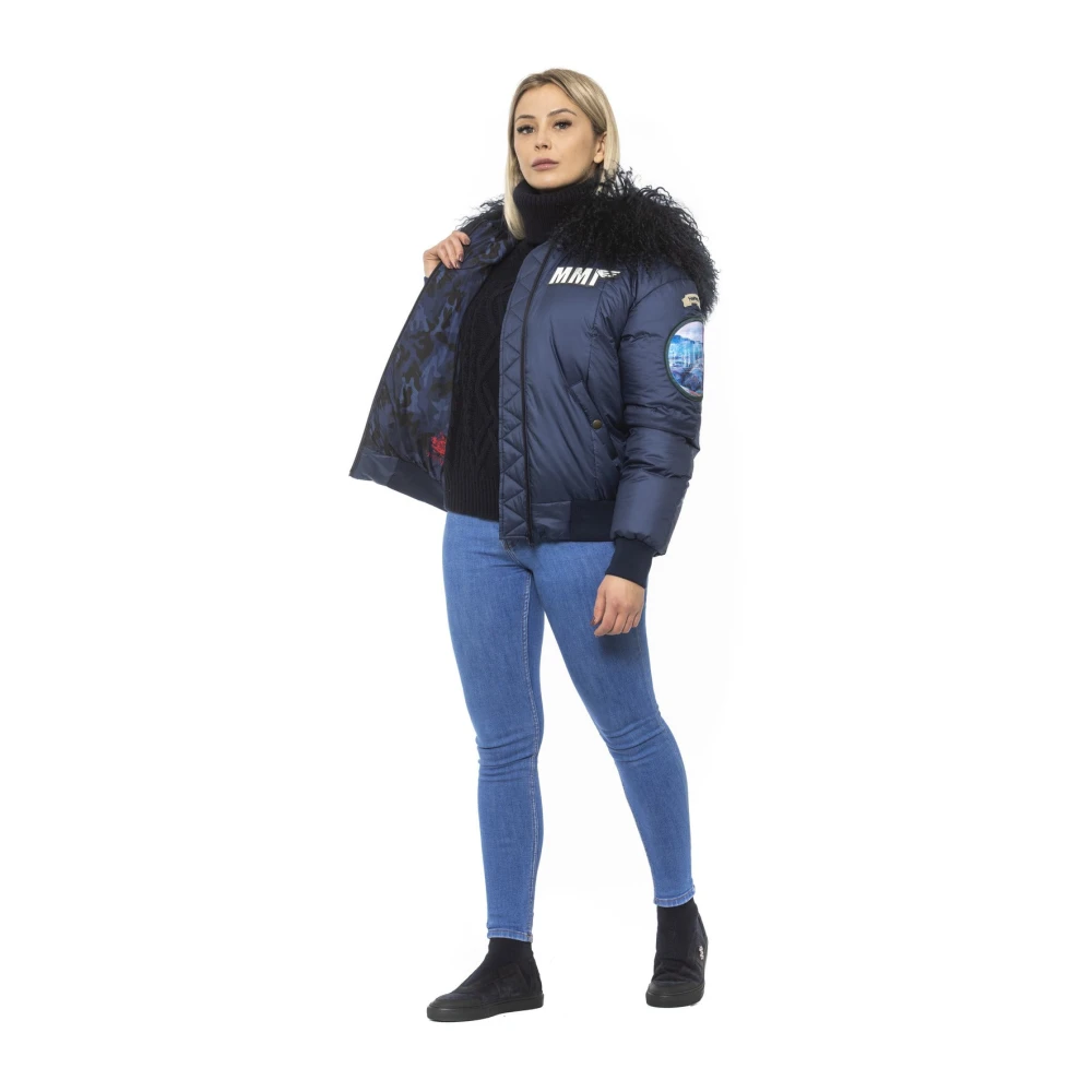 Mr&Mrs Italy Geborduurde Bomberjack met Bont Capuchon Blue Dames