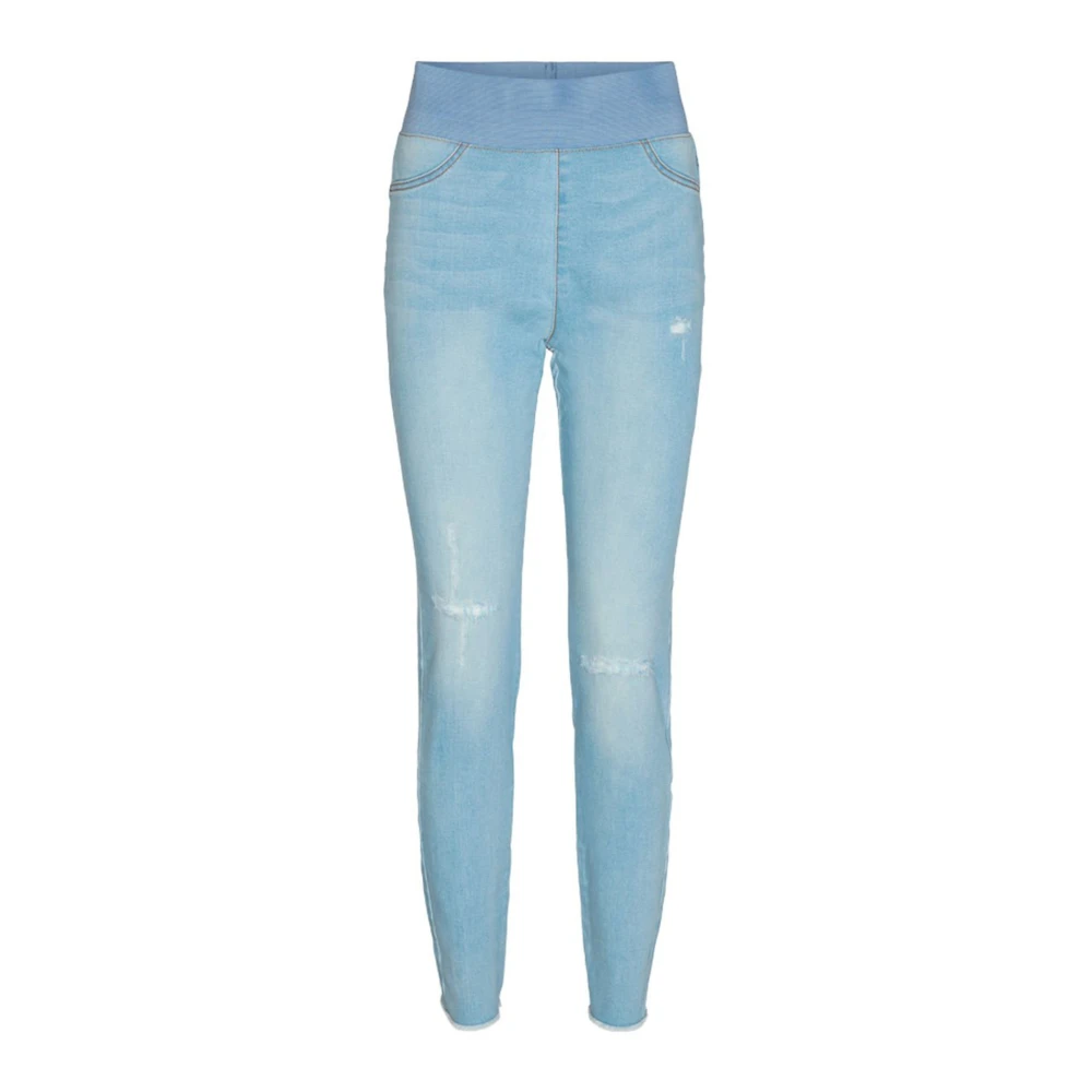 Freequent Slitna jeans med elastisk midja och fransig nederkant Blue, Dam