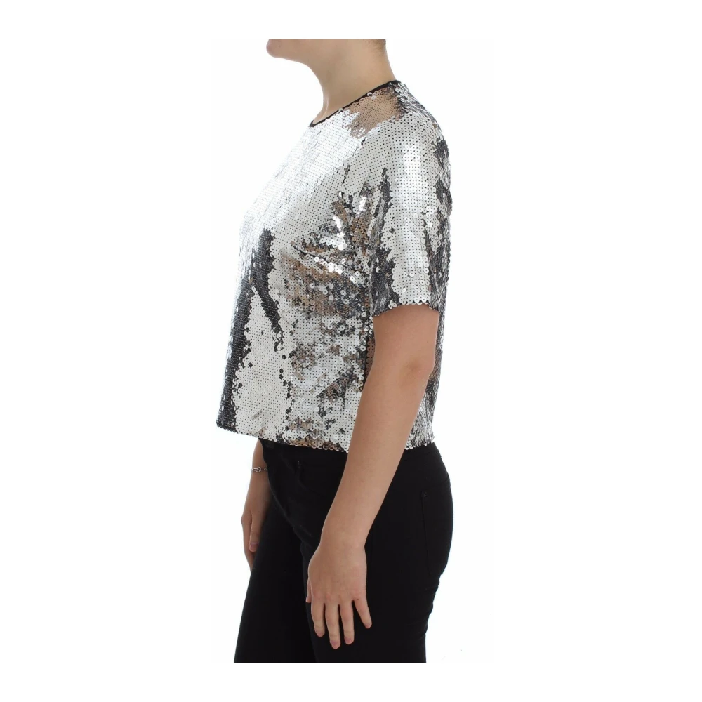 Dolce & Gabbana Zilveren Pailletten Blouse T-shirt met ronde hals Gray Dames
