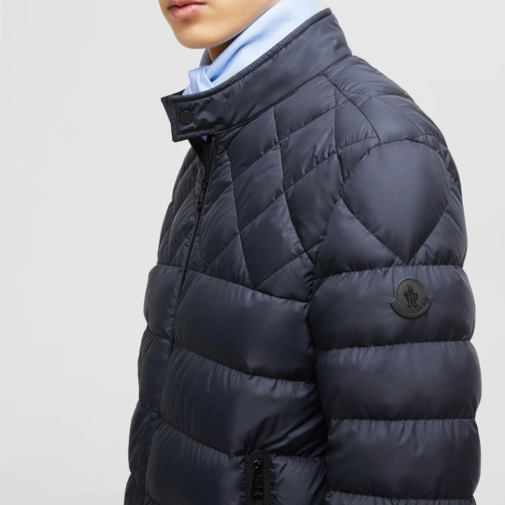 Moncler Navy Leren Bikerjack Blue Heren