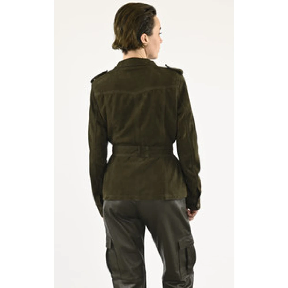 La Canadienne Fluweel khaki leren safari jas Green Dames