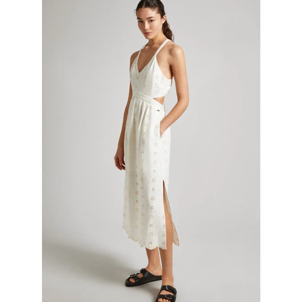 Pepe Jeans Linnen en Rayon Midi Jurk White Dames