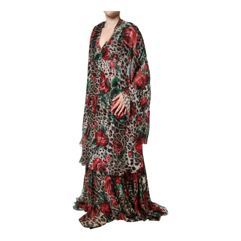 Dolce & Gabbana LeopardPrint Roses Zijden Maxi Jurk Multicolor Dames