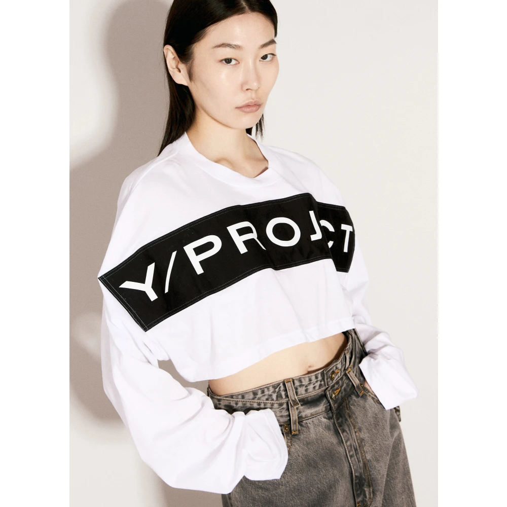 Y Project Twisted Logo Print Crop T-Shirt White Dames