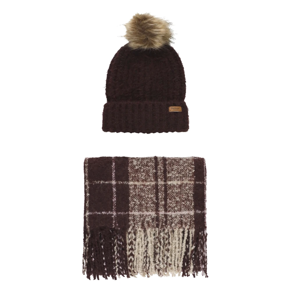 Barbour Muts en Sjaal Set met Pom-Pom Brown Dames