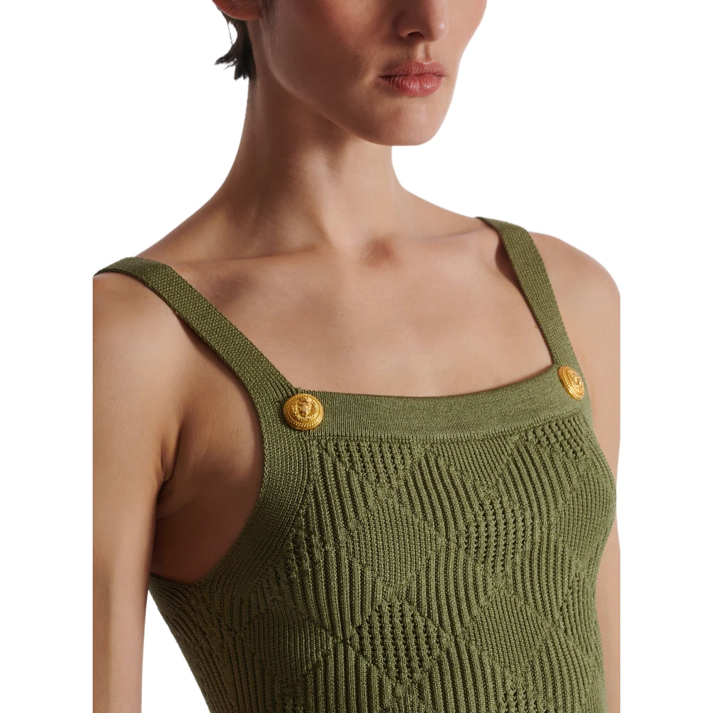 Balmain Cropped top in gingham openwork knit Green Dames