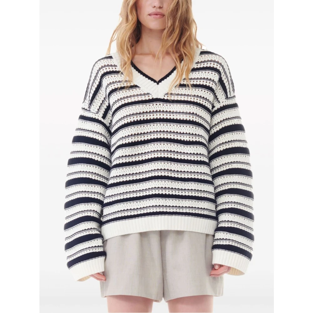 Ganni Gestreepte Katoenen V-Hals Trui Multicolor Dames