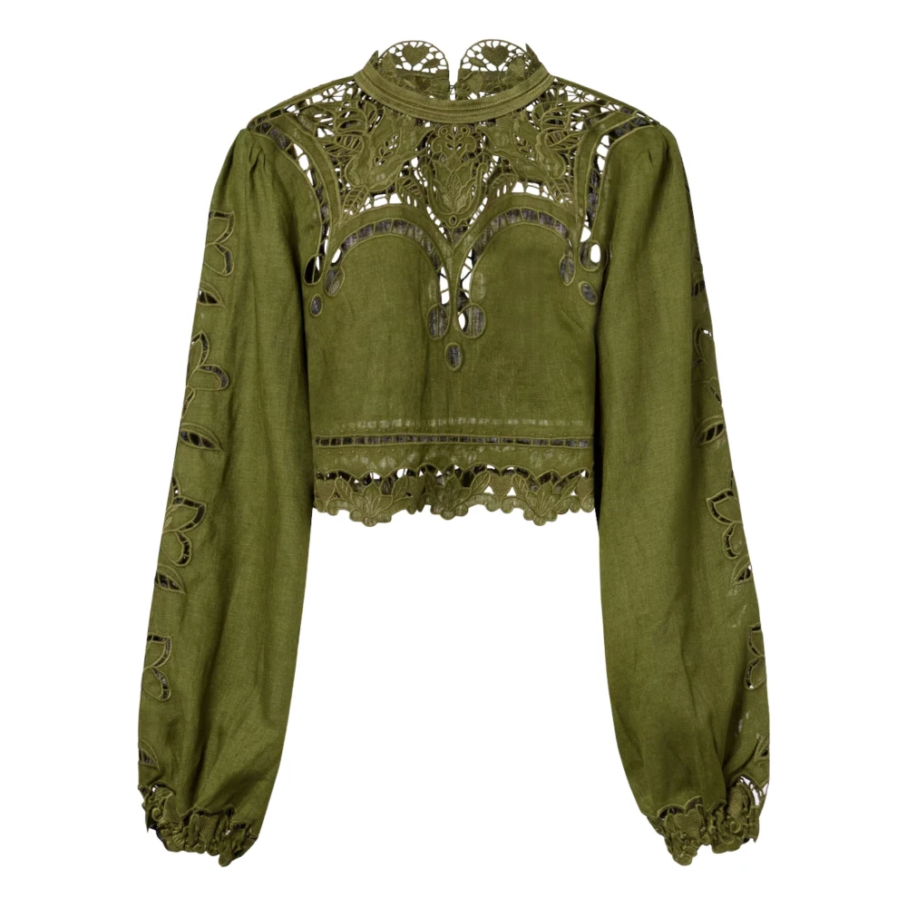Farm Rio Women's Green Blouses, S, Majestic Garden Richelieu Blouse