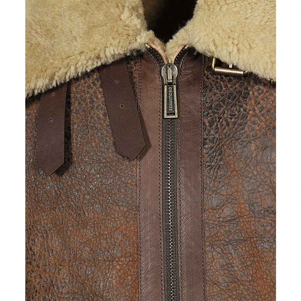 Dsquared2 Shearling Kraag Leren Jas Lamsvacht Brown Heren
