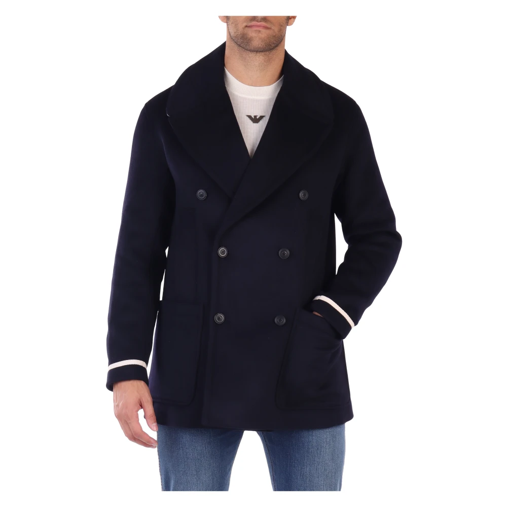 Emporio Armani Dubbelsluitende jas van zuivere wol met contrastdetails Blue Heren
