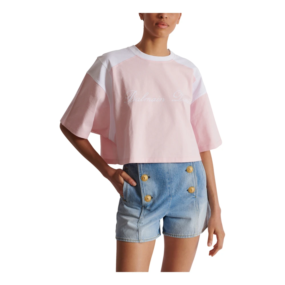 Balmain Tweekleurig T-shirt met Handtekening borduursel Pink Dames