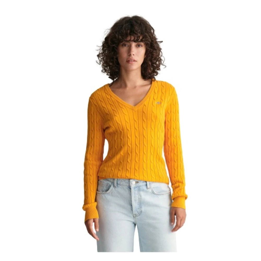 Gant Twisted Cotton V-Neck Sweater Orange Dames