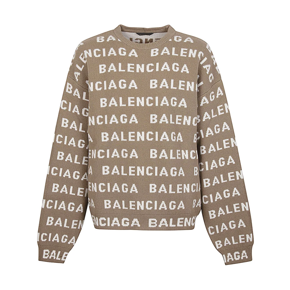Balenciaga Allover Logo Crewneck Sweater Beige Heren