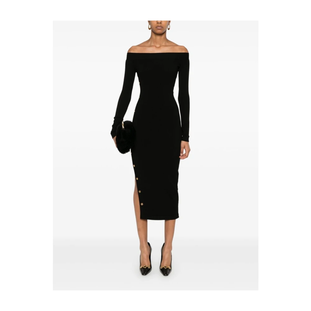 Elisabetta Franchi Zwarte Midi Jurk met Gouden Knopen Black Dames