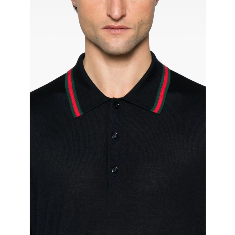 Gucci Blauwe Wollen Polo Shirt met Web Kraag Black Heren