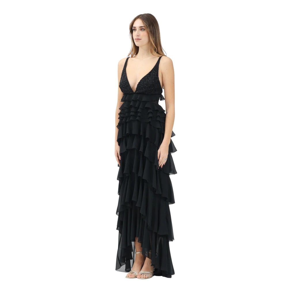 Elisabetta Franchi Zwarte Kantversierde Lange Jurk Black Dames