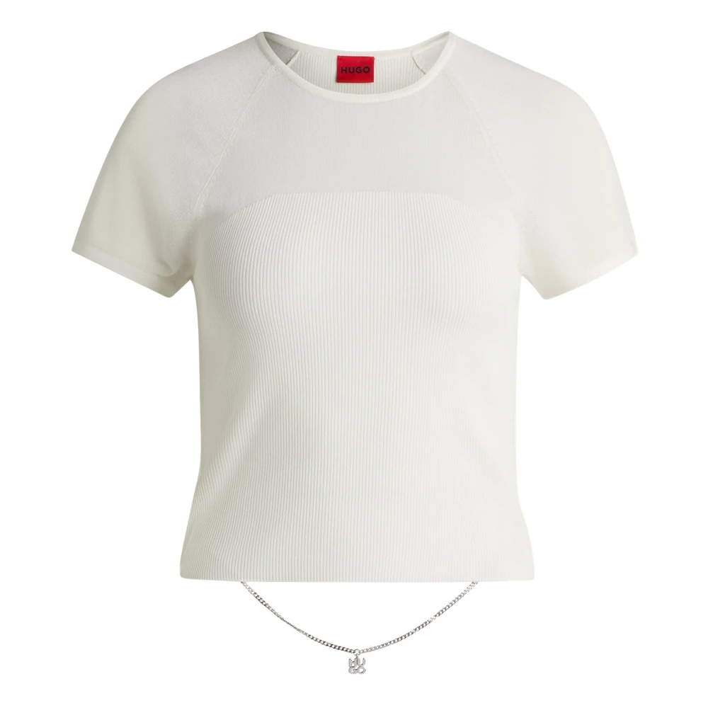 Hugo Women's Beige Ribbed Knit Sheer Crop Top - T-Shirts - S - Tops