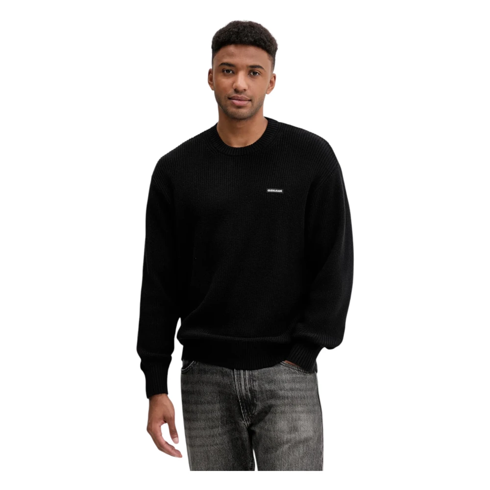 Guess Men's Black Round-Neck Knitwear, Xl, Ribbed Crewneck Jumper