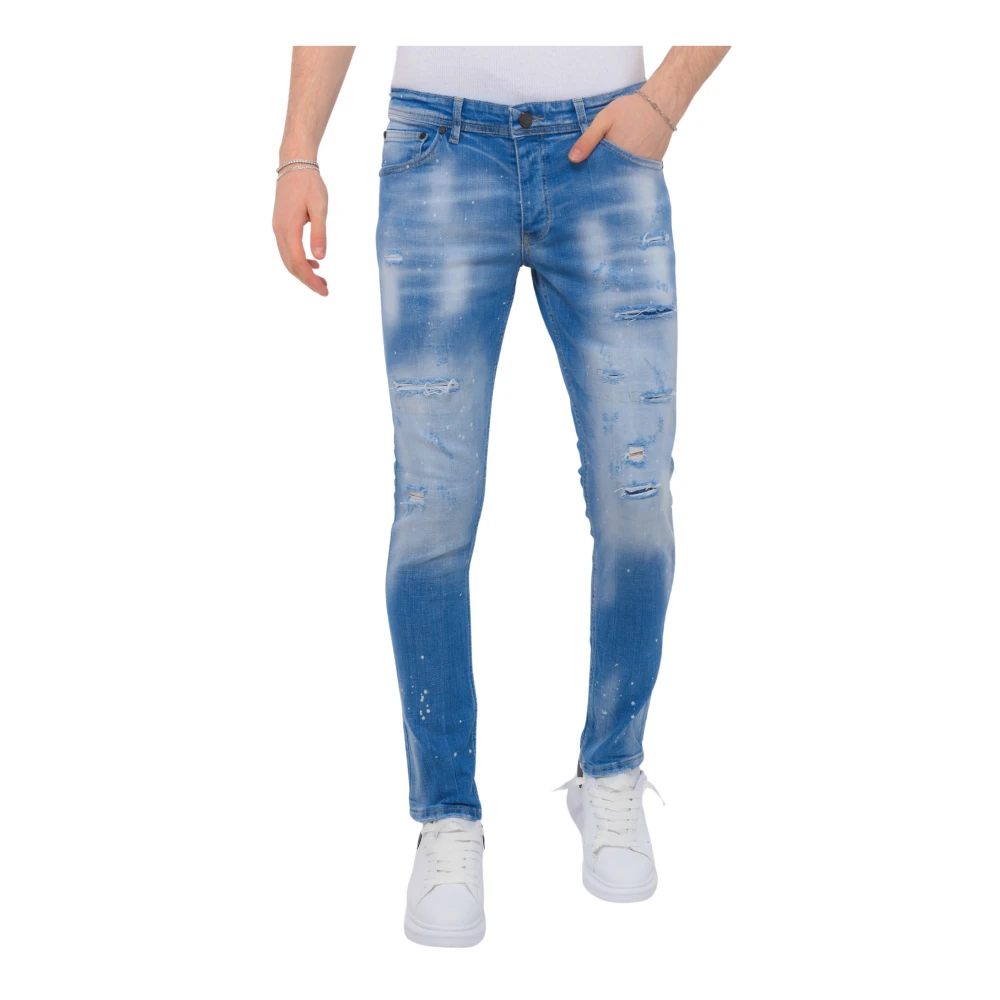 Blå Ripped Skater Jeans Herre Slim Fit -1078