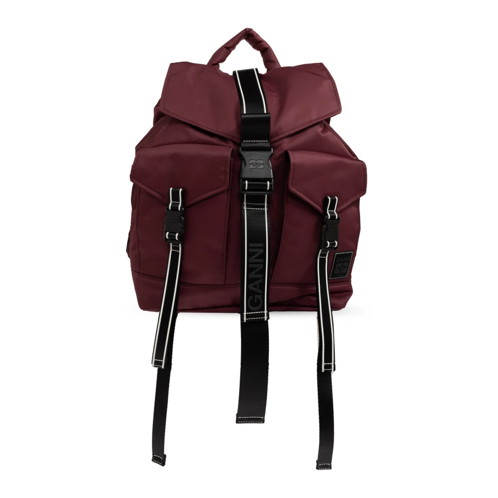 Ganni Backpack With Logo Patch - Female - Backpacks - Red - One Size - Bags