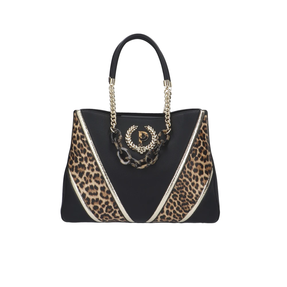 Pollini Zwarte schoudertas met dierenprint inzetstukken en metalen logo Black Dames