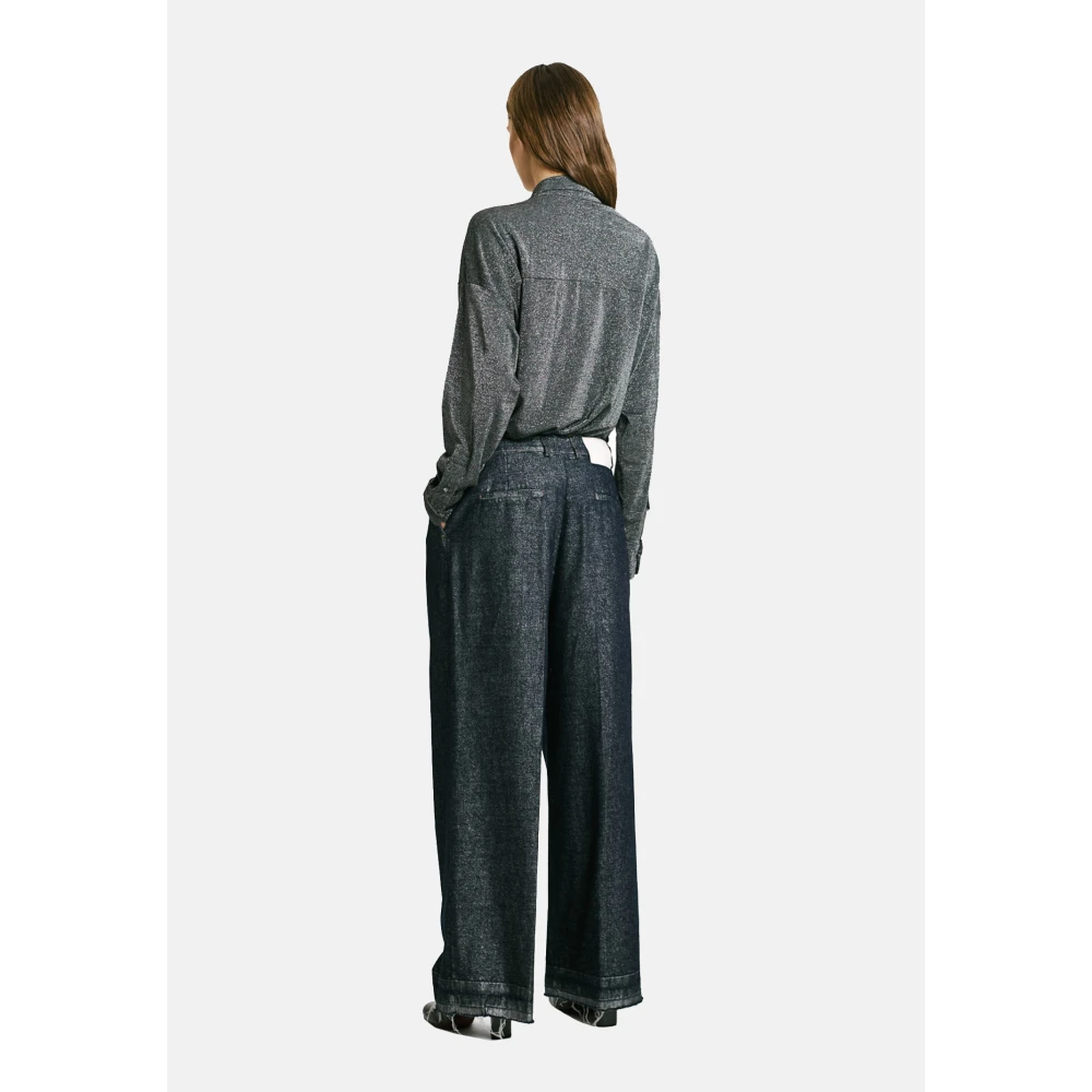 Momoni Wijde Pijp Raffelige Denim Broek Blue Dames