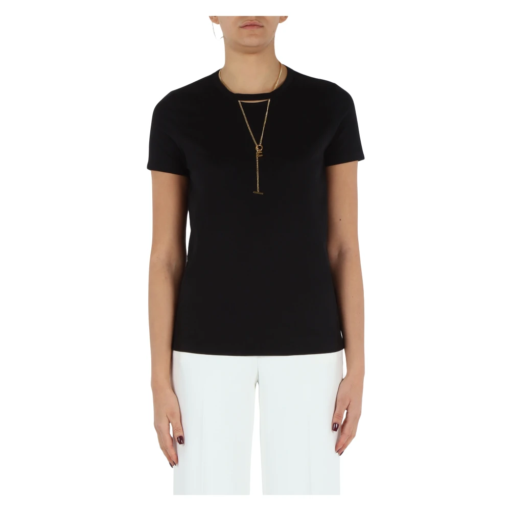 Elisabetta Franchi Katoenen T-shirt met Ketting Logo Detail Black Dames