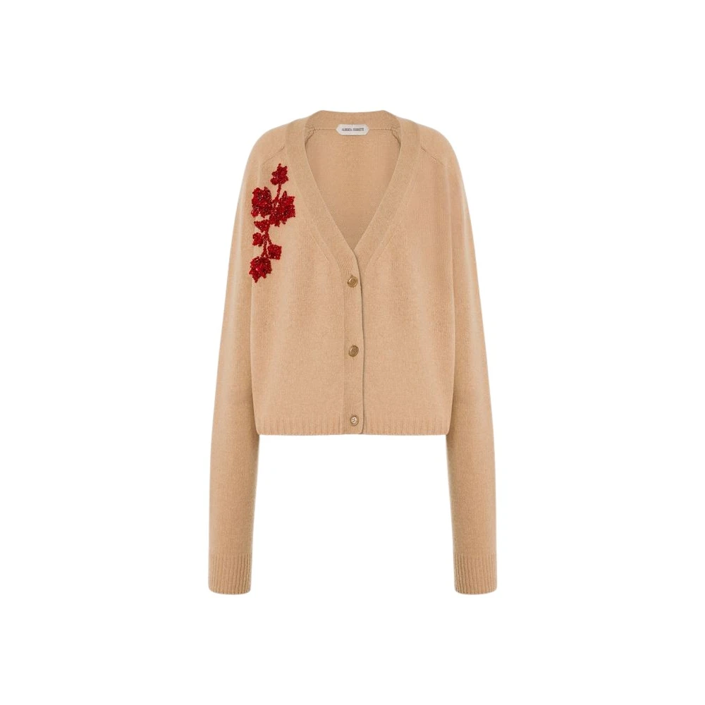 Alberta Ferretti Women's Beige V-Neck Embroidered Cashmere Cardigan - Cashmere Knitwear - Xs - Knitwear