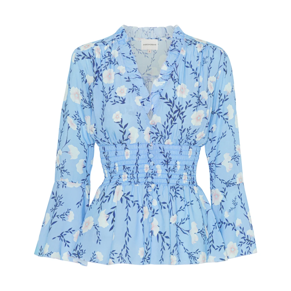 American Dreams Bloemen Smocked Top met 3 4 Mouwen Blue Dames