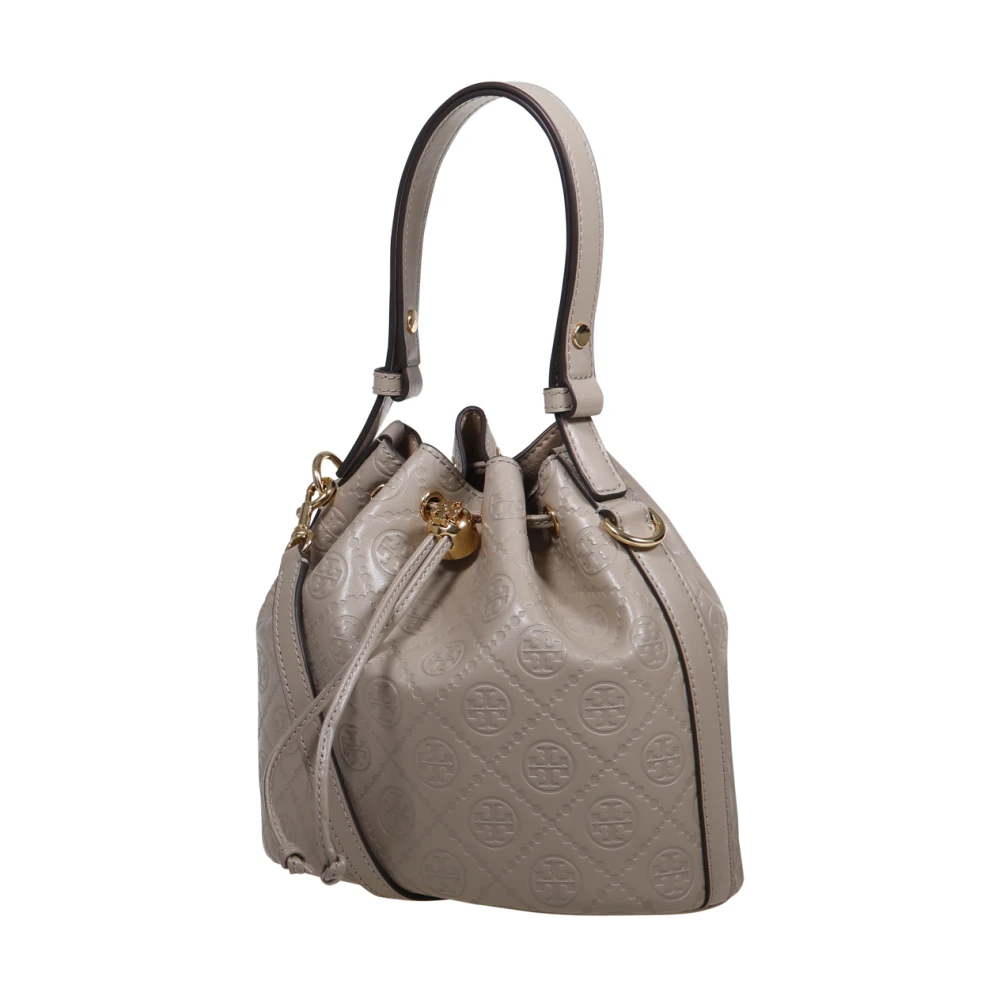 TORY BURCH Monogram Leren Bucket Tas Beige Dames