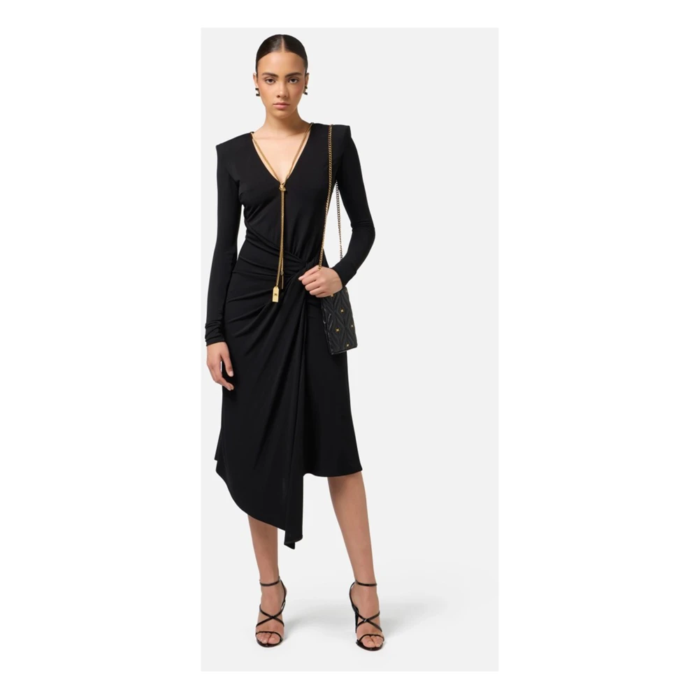 Elisabetta Franchi Zwarte Jersey Midi Jurk met V-Hals Black Dames