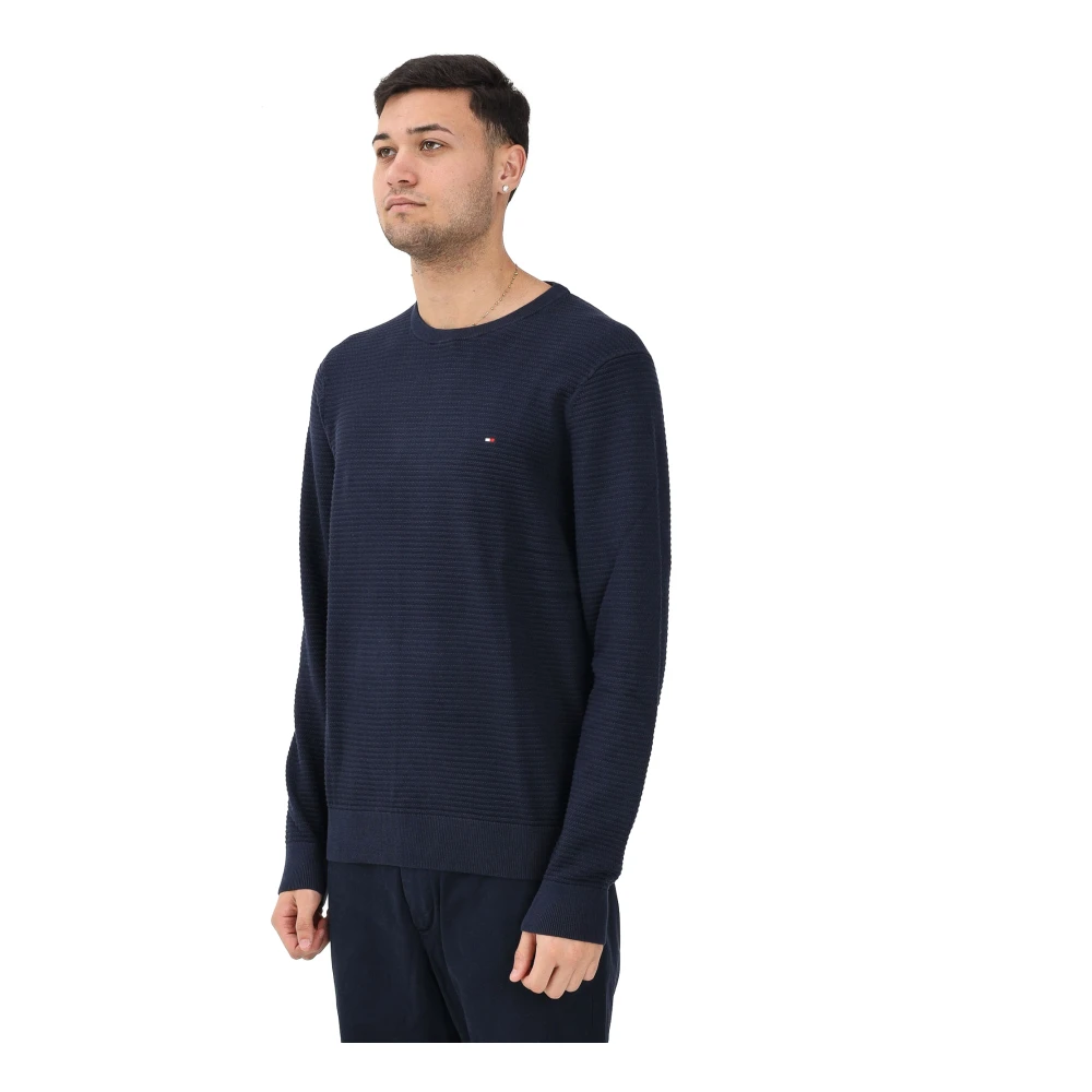 Tommy Hilfiger Herr Blå Stickade Tröjor L, Bomull, Textured Stickad Tröja Med Rund Hals