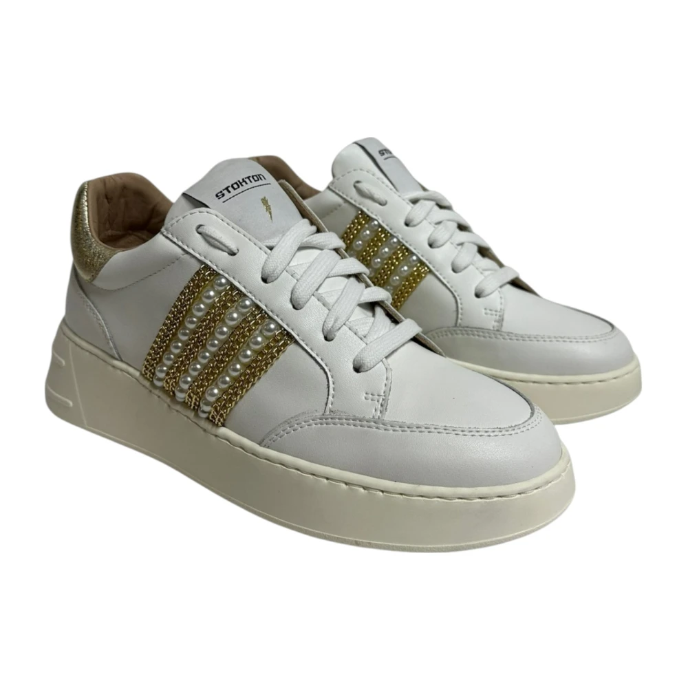 Stokton Witte leren sneakers met gouden detail White Dames