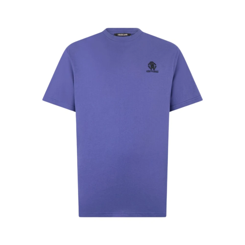 Roberto Cavalli Men's Blue T-Shirts, S, Monogram Logo Embroidered Cotton T-Shirt