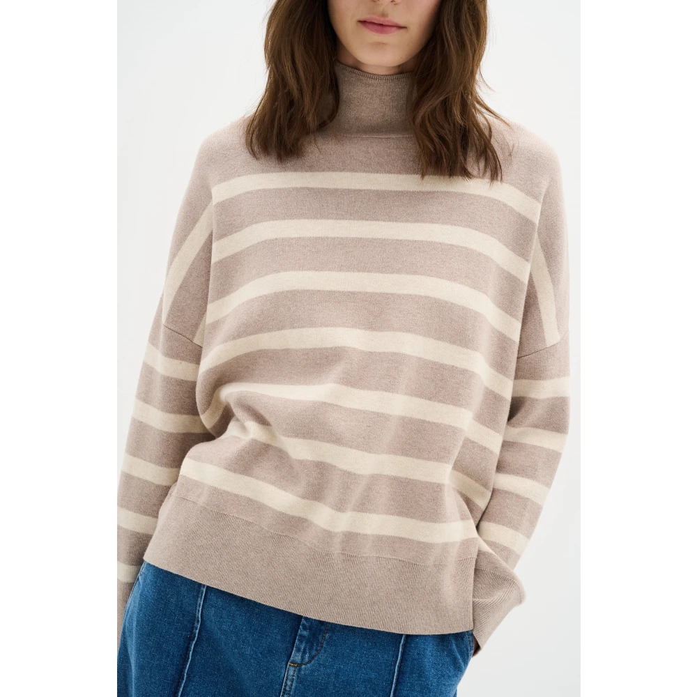 InWear Gestreepte Turtleneck Pullover Zandgrijs Beige Dames