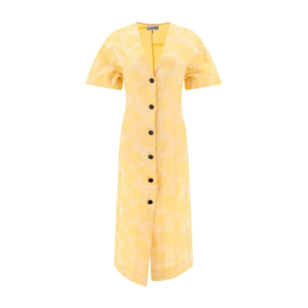 Ganni Bloemen Jacquard Midi Jurk Yellow Dames