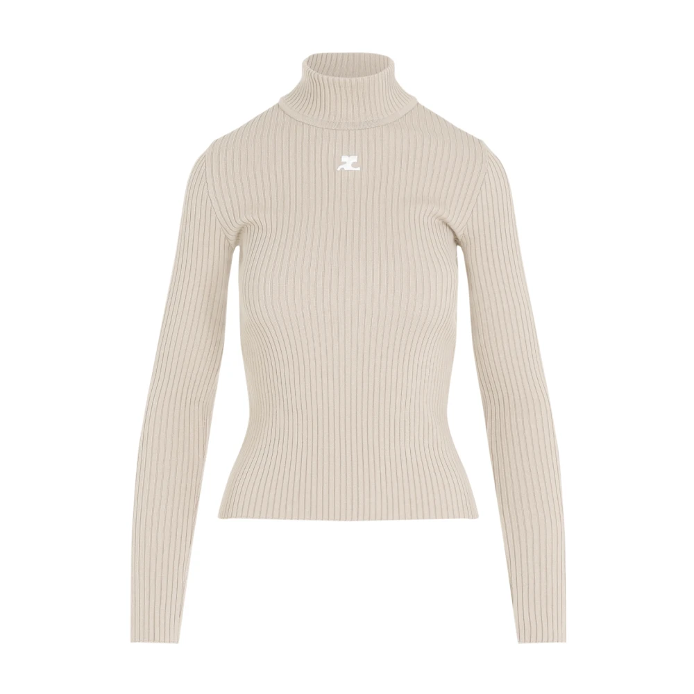 Courrèges Women's Beige Turtlenecks, Xs, Roll Neck Ribbed Jumper
