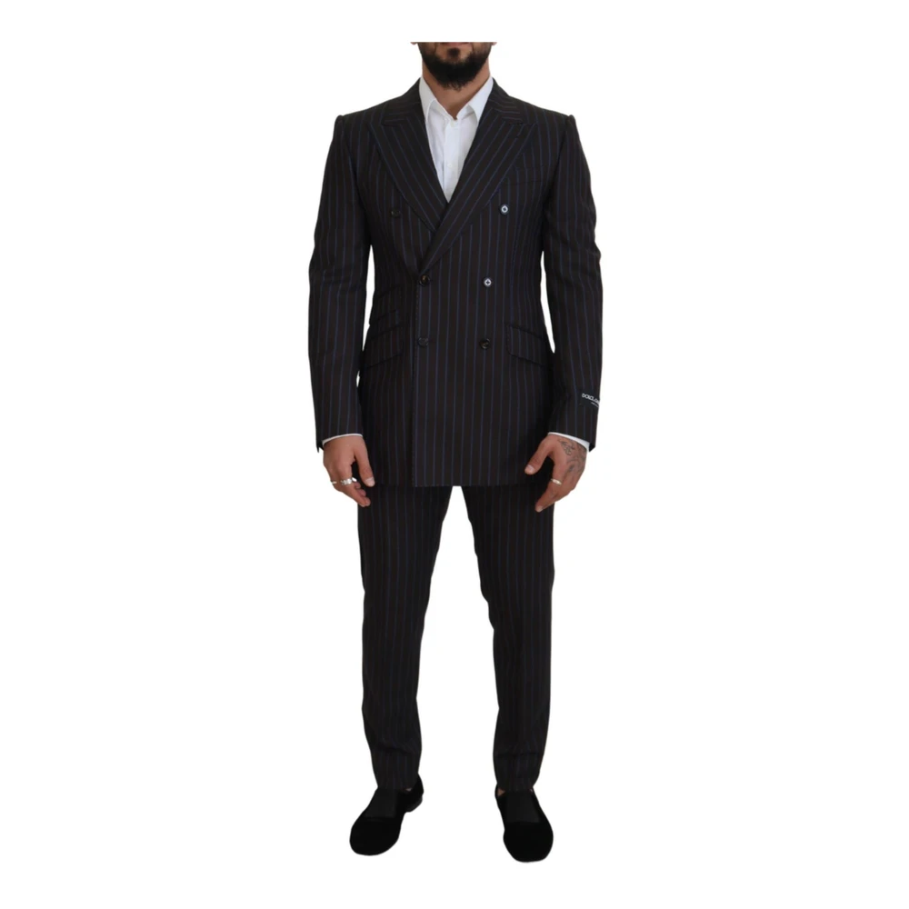 Dolce & Gabbana Men's Black Double Breasted Suits,, Double Breasted 2 Piece Suit With Striped Blazer And Trousers Large